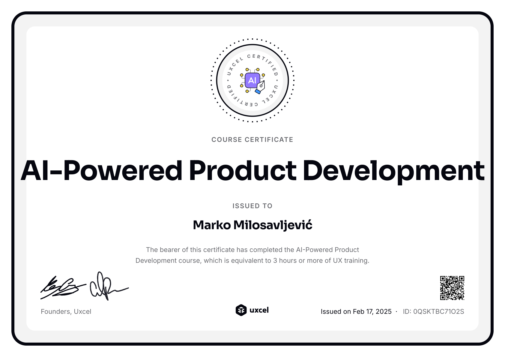 Marko Milosavljević's certificate